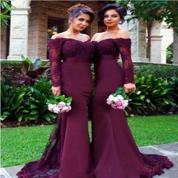 2020 Lace Appliques Off the Shoulder Maid of Honour Gowns Custom Made Formal Evening Dresses Burgundy Long Sleeves Mermaid Bridesmaid Dr 227O