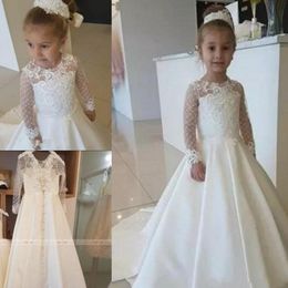 Cute 2020 Satin Lace Applique Flower Girl Dress For Wedding Party Long Sleeves Little Kids Girls First Communion Gowns Christmas Pagean 251U