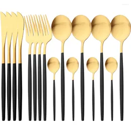 Dinnerware Sets 16Pcs Black Gold Matte Cutlery Set Knife Fork Spoons Stainless Steel Tableware Western Kitchen Silverware