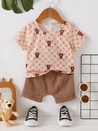 Clothing Sets Boys And Girls Summer Suit Cartoon Bear Print Crew-Neck Short-Sleeved Top Brown Pocket Cuffed Shorts Cute Daily Two-Piece Set