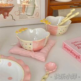 Bowls Instagram Style High Beauty Bowl Underglaze Coloured Ceramic Girl Heart Flower Fruit Salad Household Rice Spoon