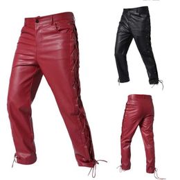 Men's Pants Mens new motorcycle leather pants mens casual ultra-thin tie strap splicing work riding PU leather pants street nightclubs punk TrousersL2405