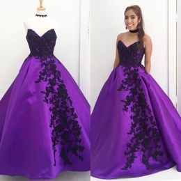 Black Lace Appliques Purple Prom Dresses Long Formal Dress Sweetheart Sleeveless Floor Length A-line Satin Evening Gowns Party Wear 2329