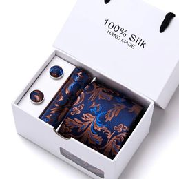 Brand 100% Silk Ties Gift box Office Men Classic Party Wedding striped 75cm Floral Tie Necktie Handkerchief Set 240511