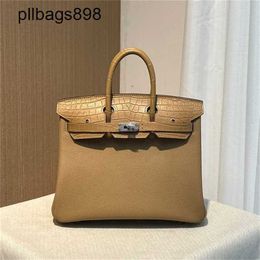 Women Brkns Handbag Genuine Leather 7A Handswen Milk Coloured with matte crocodile skin 25CM withSP7W