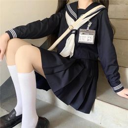 Clothing Sets Dark Blue Three Orthodox JK School Uniform Girls S-XXL College Style Sailor Spring Summer Suit Women Shirt Pleated Skirt