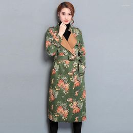 Women's Trench Coats Spring Fall Women Vintage Casual Floral Pattern Suede Grey Green Long Coat Autumn Woman Flower Sash