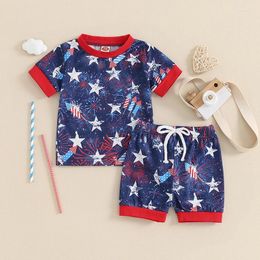 Clothing Sets Independence Day Sumemr Kids Boys Fireworks Short Sleeve T-shirts Tops Elastic Waist Shorts Casual Outfits