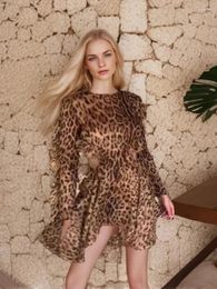Casual Dresses Holiday Ruffles Sexy Mini O Neck Dress For Women 2024 Summer Fashion Leopard Print Backlesss Hollow Short Beach