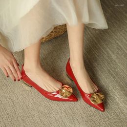 Dress Shoes Spring/Autumn Women Pumps Patent Leather For Pointed Toe Low Heel Concise Metal Buckle Soft Red