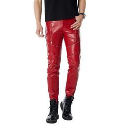 Men's Pants Mens red personal casual zipper Pu sewn leather pantsL2405