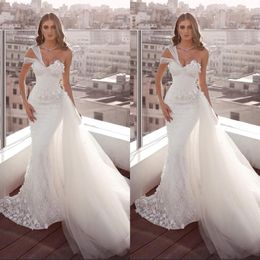 Plus Size White Lace Wedding Dresses Mermaid One Shoulder Backless Bridal Gowns With Tulle Train Beach Garden Vestido De Noiva 285r