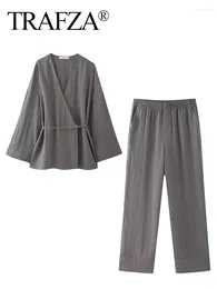 Women's Two Piece Pants TRAFZA Pyjama Style Sets Women 2024 Fashion Kimono Lace Up Shirt Top Elastic Waist Trousers Casual Grey Suit