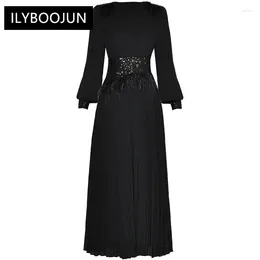 Casual Dresses Autumn Runway Black Vintage Party Dress Lantern Sleeve Sequins Feather High Waist Slim A-LINE Long For Women 2024 Luxury