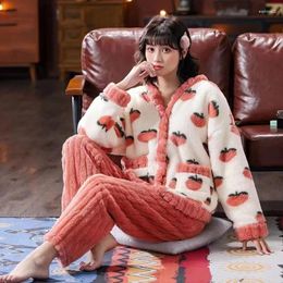 Home Clothing Flannel Pajamas Set 2 Pieces Women Sleepwear Warm Winter Thick Coral Fleece Girls Homewear Soft Pijamas Nightie Plush