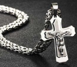 Bible Silver Colour Jesus Cross Stainless Steel Pendants Necklaces Byzantine Long Chain Necklace for Men Jewellery colar collier 22011238417