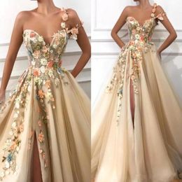 Gorgeous Champagne Prom Dresses 2019 One Shoulder Ruched A Line Front Slit Tulle Hand Made Flowers Plus Size Party Evening Gowns 269y