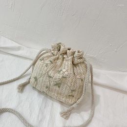 Totes Summer Woven Drawstring Bag 2024 Ladies Straw Weaving Small Crossbody Lace Flower Embroidery Satchel Women Beach Sling Purse