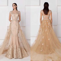 Free Shipping Mermaid Champagne Evening Dresses With Detachable Train Short Sleeve Lace Applique Prom Gowns Sheer Neck Vintage Party Dr 254B