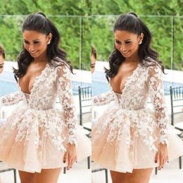 Cheap V Neck Short Mini Homecoming Dresses 2019 Long Sleeve Lace Applique Short Prom Dress Formal Party Evening Gowns 2845