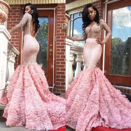 Gorgeous 2k17 Pink Long Sleeve Prom Dresses Sexy See Through Long Sleeves Open Back Mermaid Evening Gowns South African Formal Party Dr 218F