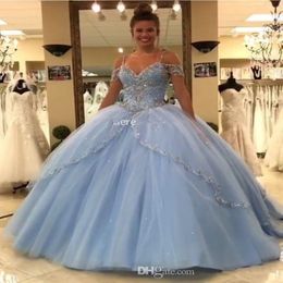 2019 Light Sky Blue Ball Gown Quinceanera Dresses Cap Sleeves Spaghetti Beading Crystal Princess Prom Party Dresses Long For Sweet 16 D 211Y