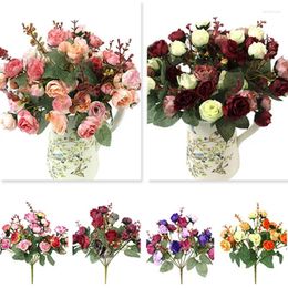 Decorative Flowers Simulation Rose Artificial Bouquet Blossom Branch Wedding Decoration Encrypted Ribbon Fake Living Room Decor