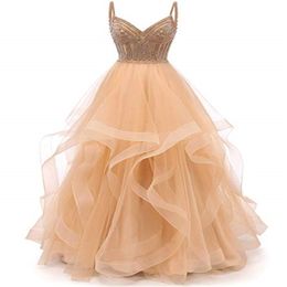 Tulle Crystal Beaded Prom Dresses Tiered Formal Evening Dresses Spaghetti Strap Ball Gown 266n