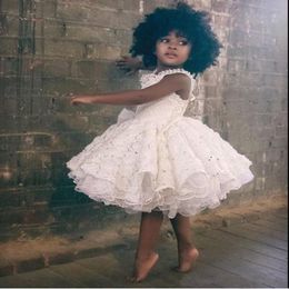 Gorgeous White Lace Flower Girl Dresses 2017 Ruffles Knee Length Black Girls Prom Party Dresses Kids Formal Wear Custom Made Baby Gowns 244S