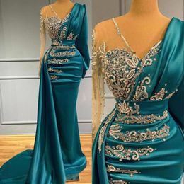 Arabic Long Sleeves Satin Mermaid Evening Dresses V Neck Appliques Beads Ruched Formal Occasion Wear Gold Hunter Sheer Neck Sweep Train 3003