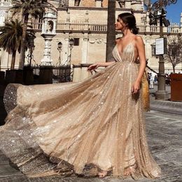 Cheap Deep V Neck Sequined Prom Dresses Tulle Backless Robe De Soiree New Spaghetti Straps Long Party Gowns Abendkleider Evening Dress 236u