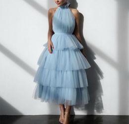 High Neck Evening Dress Long A Line Sleeveless Tulle Formal Party Prom Gown for Women