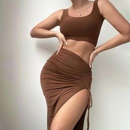 Summer Dress Ladies Beach Cover Up Casual Women 2024 Slim Slit Skirt Two Piece Set Solid Spandex Bathroom Outlet Fashion