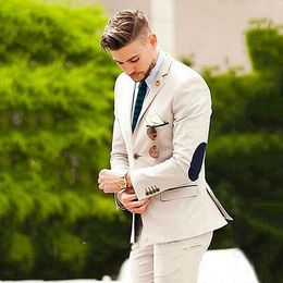 Handsome Beige Mens Suits Wedding Tuxedos Elbow Patches Business Casual Groom Formal Wear Trim Fit Male Blazers 2 Pieces Jacket Pants M 237E