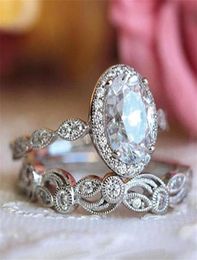 Unique Vintage Jewellery 925 Sterling Silver Oval Cut White Topaz CZ Diamond Gemstones Couple Ring Women Wedding Flower Bridal Ring 5220139