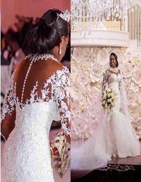 Vintage African Lace Mermaid Wedding Dress Crystals Beaded Appliques Tulle Long Sleeve Formal Bridal Gowns Buttons Sheer Back Long1232336