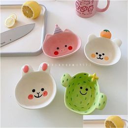 Cups Dishes Utensils Cute Piggy Matte 4 Cartoon Ceramic Dip Bowl Korean Style Rabbit Sauce Dish Baby Food Supplement 240320 Drop Deliv Otugv