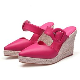 Twine Woven Wedge Sandals Pointed Toe Summer Flip Flops Women Pumps Plus Size 43 Straw Thick Platform Slippers Female