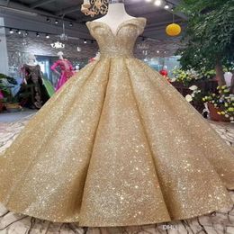 New Long Bling Gold Prom Dresses Sequins Ball Gown Quinceanera Dresses Off Shoulder Court Train Formal Evening Wear Dress Lace Up Back 3107