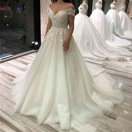 Abito da sposa in pizzo perla boho dalla spalla semplice vestidos de noiva 2021 abiti da sposa per donne più taglie forme mariee 322p