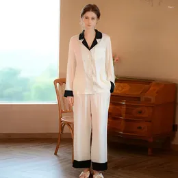 Home Clothing Women Spring Full Sleeves Silk Long Pants Pyjamas French Fashion Turn-Down Collar Cardigan Sleepwear Casual Loose Design