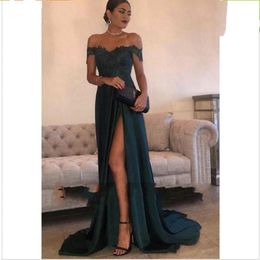 2020 Dark Green Sexy Prom Dresses A Line Chiffon Off-the-Shoulder Floor-Length High Side Split Lace Elegant Long Evening Dress Formal D 294V