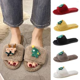 Slippers Christmas Women's Soft Faux Open Toe Winter Ladies With Anti-Slip Hard Sole And Warm