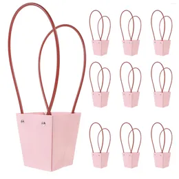 Decorative Flowers 10 Pcs Flower Packaging Bag Bouquet Handle Paper Basket Packing Bags Pink Kraft Wrapping Bouquets Gift