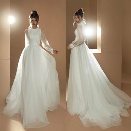 Spiaggia una linea abiti da sposa 2020 Appliques in pizzo alto al collo romantico abiti da sposa da sposa a maniche lunghe di nozze bohémien Vestitido de Noiva 251h