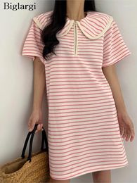 Party Dresses Summer Striped Print Mini Dress Women Short Sleeve Fashion Loose Korean Style Ruffle Pleated Ladies Pink Woman