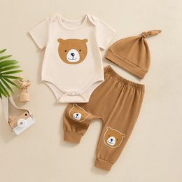 Clothing Sets Infant Baby Boys Short Sleeve O Neck Bear Print Romper Pants Hat 3pcs Summer Outfits For Toddler