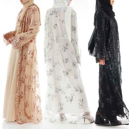 Ethnic Clothing 2021 Summer Abaya Dubai Women Long Sequined Lace Mesh Kimono Cardigan Muslim Hijab Dress Kaftan Abayas Turkish Islamic Clothing T240510