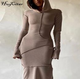Casual Dresses Hugcitar Long Sleeve Hooded Patchwork Skinny Maxi Dress Autumn Winter Women Fashion Streetwear Outfits 2209303883394