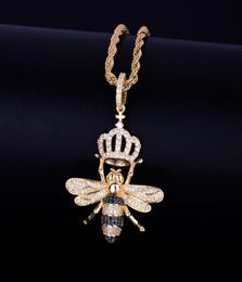 Animal Crown Bee Necklace Pendants Gold Silver Colour Iced Cubic Zircon Men039s Hip hop Jewellery With Tennis Chain1024118